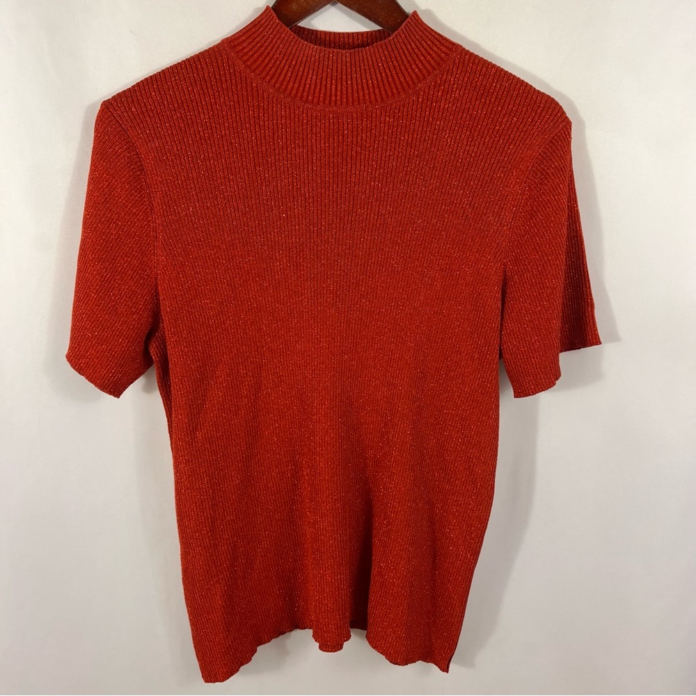 Rafaella Top Plus Size 1X Red Holiday Silk Blend Ribbed Mock Neck Metallic